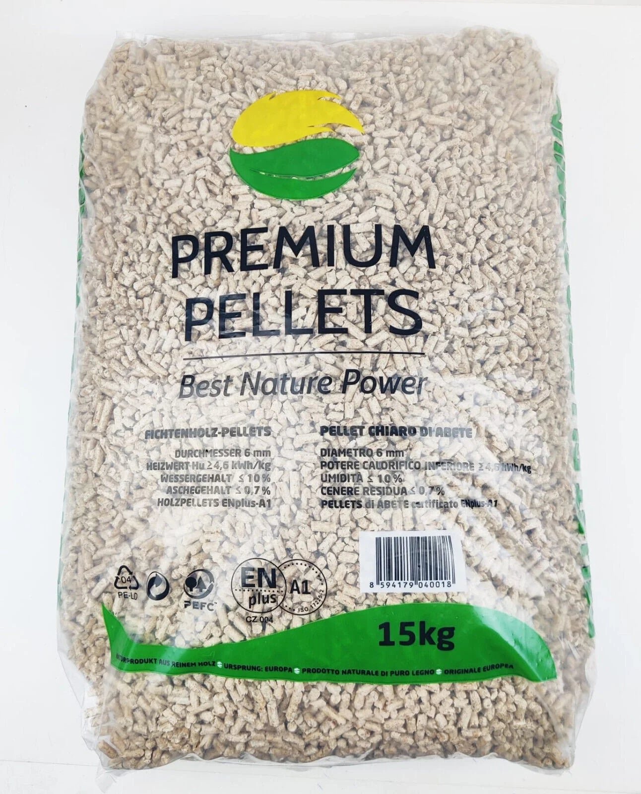 PREMIUM PELLETS Drevené smrekové pelety EN plus A1/ 1050 Kg ( 70 Ks x 15 kg )