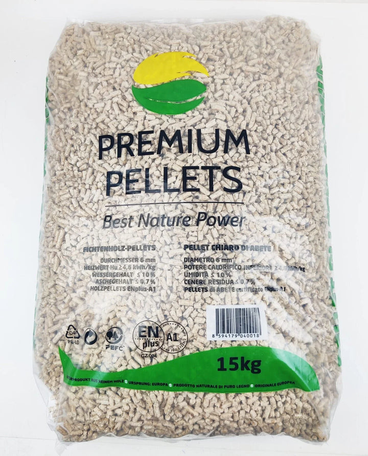 PREMIUM PELLETS Drevené smrekové pelety EN plus A1/ 1050 Kg ( 70 Ks x 15 kg )