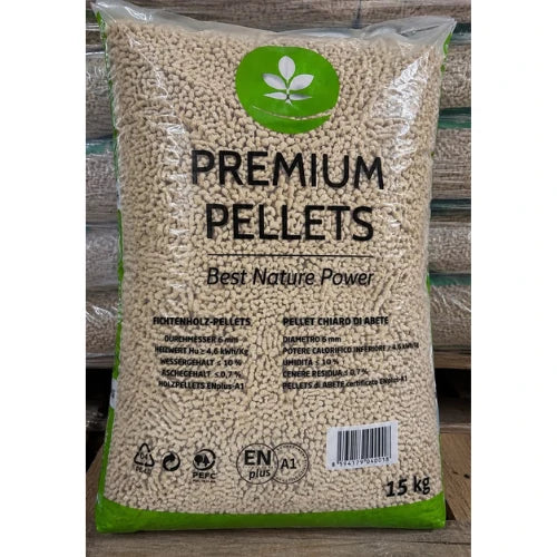 PREMIUM PELLETS Drevené smrekové pelety EN plus A1/ 1050 Kg ( 70 Ks x 15 kg )